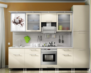 Стильный кухонный гарнитур от MaxiКухни светлых цветов с печатью