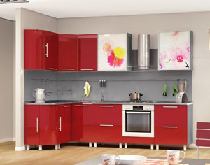 Современный угловой кухонный гарнитур ярко-красного цвета с печатью