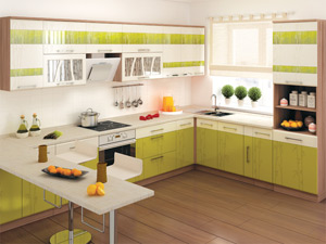 Зеленый кухонный гарнитур для большой квартиры